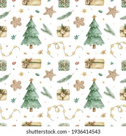 Seamless Pattern With Watercolor Christmas Illustrations. Traditional Elements Gift Boxes, Gingerbread Cookies, Fir Branches, Stars, Garlands, Confetti