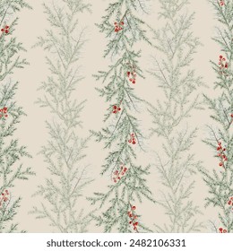 Seamless pattern with watercolor Christmas tree branches and red berry of ilex or holly. Hand painted illustration on isolated beige background. Seamless banner garland for christmas and new year.