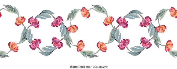 Seamless pattern watercolor circle frame border template for design. Abstract flower orange pink tulip and leaves on white background. Hand-drawn summer spring plant. For wedding invitation 8 march. - Powered by Shutterstock