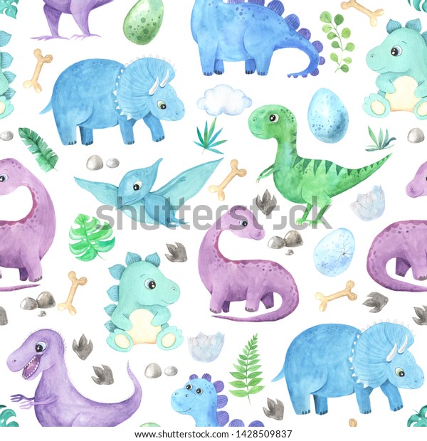 シームレスな模様と水彩のかわいい恐竜のキャラクター 青 緑 紫色の背景に子どもじみた先史時代のレプタイルの漫画 ベビーキッドの織物や包み紙に最適 のイラスト素材