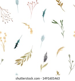 Seamless Pattern Of Watercolor Dried Flowers, Isolated On White Background. Hand Drawn Painted Flower Illustration. Autumn Design Fashion Fabric, Textile, Cover, Wrapping Paper Product, Blog, Cloth