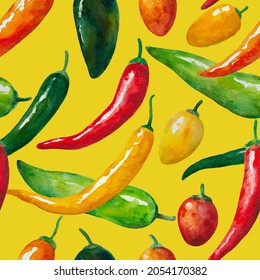 Seamless Pattern With Watercolor Elements Of Colorful Red, Green And Yellow Hot Chili Peppers. Texture For Design Fabric, Menu, Restaurants.