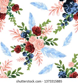 Seamless Pattern Watercolor Ethnic Bohemian Style  Burgundy Garnet Navy Blue Flowers Leaf Bouquet For Wedding, Stationary, Greetings, Wallpapers, Fashion, Background Hand Paint