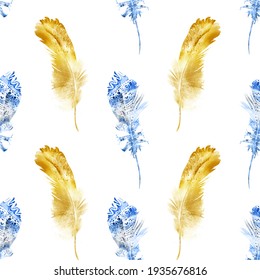Seamless pattern with watercolor feather