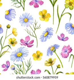 Seamless pattern of watercolor flowers, hand drawn illustration of carnation, daisy, yellowcup flowers.