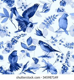 Seamless pattern with watercolor flowers, leaves, and birds. Vintage. Can be used for gift wrapping paper and other backgrounds. Monochrome blue color.