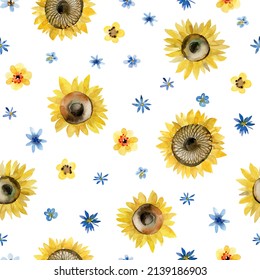 Seamless pattern with watercolor flowers. Repeating background with sunflowers isolated on a white background. Great for fabric, textile, wrapping paper, packaging and other design