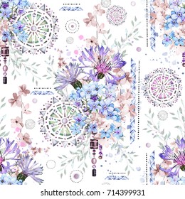 Seamless Pattern With Watercolor Flowers And Textured Ornaments - Mandala. Abstract Floral Background. Tile With Meadow Wild Flower And Geometric Illustration. Cornflowers, Me-nots