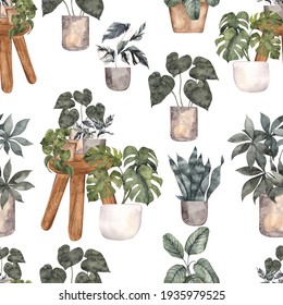 Seamless Pattern With Watercolor Hand Draw Potted Plants. Isolated On White Background