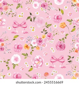 Seamless pattern with watercolor hand draw flowers and leaves. Floral in color of peach. Wedding invitation, card, posters, isolated on colored background - Powered by Shutterstock