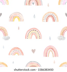 Seamless Pattern. Watercolor Hand Painted Cute Rainbows. Illustration Isolated On White Background. Design Baby Textile, Fabric, Wallpaper, Baby Shower, Nursery Decor, Children Decoration, Kids Room
