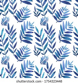 Seamless pattern watercolor hand-drawn blue branch with leaves fern on white background. Art creative nature fond for card, wrapping, textile, wallpaper.