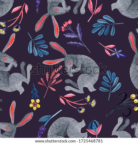Seamless pattern with watercolor hare ,branches and flowers . suitable for baby design . illustration isolated on black background