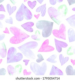 Seamless pattern with watercolor hearts. Romantic love hand drawn backgrounds texture. For greeting cards, wrapping paper, wedding, birthday, fabric, textile, Valentines Day, mothers Day, easter.