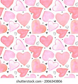 Seamless pattern with watercolor hearts. Romantic love hand drawn backgrounds texture. For greeting cards, wrapping paper, wedding, birthday, fabric, textile, Valentines Day, mothers Day, easter.