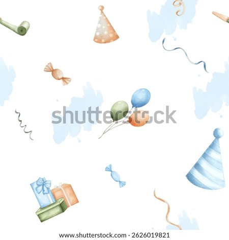 Seamless pattern with watercolor holiday elements. Gifts, cap, doodle, streamers, garland, balloons. For holiday decor, background, wrapping paper.