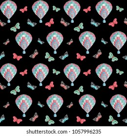 Seamless pattern and watercolor hot air balloon   butterflies black background 
