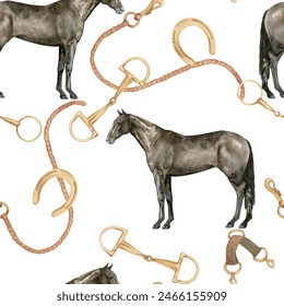 Seamless pattern with watercolor illustration of horse, rope,golden snaffle, bit and horseshoes. Equipment for horse riding set. Isolated. For cards, prints, decor. - Powered by Shutterstock