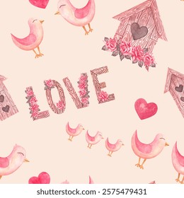 Seamless pattern of watercolor illustrations in naive style with stylized birds and their house. Seamless texture on the theme of love, naivety, spontaneity. For Valentine's Day, children's parties.