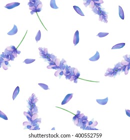 Seamless pattern with the watercolor lavender flowers, hand drawn on a white background