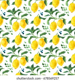 Seamless pattern with watercolor lemon tree branches. Hand drawn illustration