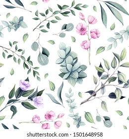 Seamless Pattern Of Watercolor Little Pink Flowers, Light Green Leaves And Tree Branches