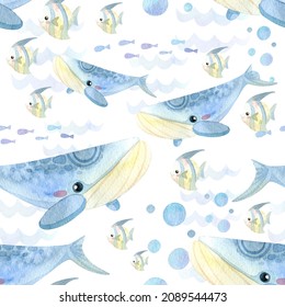 Seamless Pattern. Watercolor With Marine Life. Cartoon Exotic Fish, Whale.