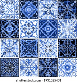 Seamless pattern of watercolor painted blue mosaic tiles with floral ornaments in Sicilian, Spanish, Portuguese, Moroccan Mediterranean majolica ceramic painting style. Wallpaper décor with beige seam