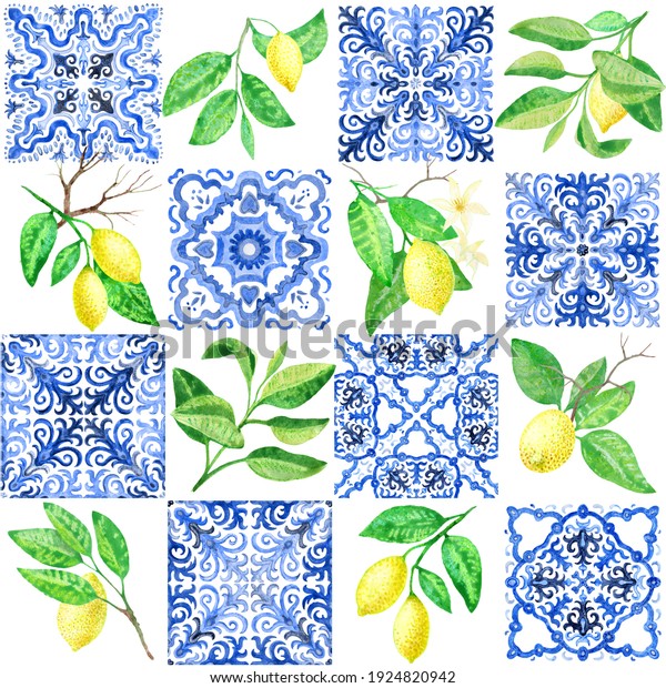 Seamless pattern of watercolor painted blue mosaic\
tiles with hand drawn lemon fruits and leaves, floral ornaments in\
Sicilia Mediterranean majolica ceramic painting style.Wallpaper\
décor, batik\
print