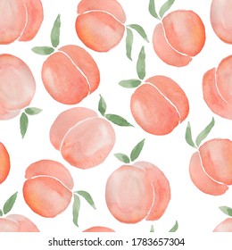 Seamless pattern with watercolor peaches on white background. Fabric print.