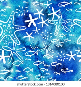 seamless pattern with watercolor sea and hand drawn starfish and fishes. White graphic elements of ocean sea creatures on watercolor water background, endless print