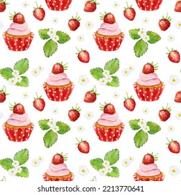 Seamless Pattern With Watercolor Strawberry And Cupcake Isolated On White Background. Can Be Used For Textile, Wrapping Paper, Design Scrap Book Paper, Invitations And Other.