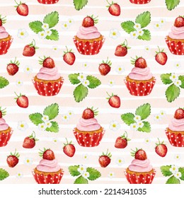 Seamless Pattern With Watercolor Strawberry And Cupcake On Striped Background. Can Be Used For Textile, Wrapping Paper, Design Scrap Book Paper, Invitations And Other.