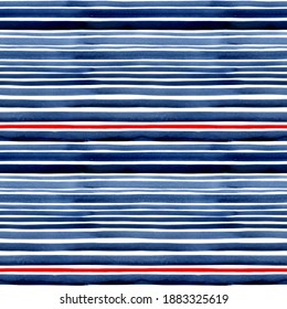 Seamless Pattern. Watercolor Strips. Indigo And Red Accent. Decor For Fabric Or Paper.