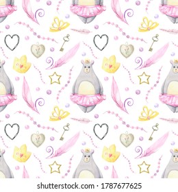 Seamless Pattern In Watercolor Style.  Cute Little Bear-princess With Her 
Favourite Things