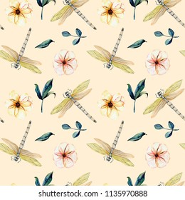 Seamless Pattern Watercolor Tender Dragonflies Pink Stock Illustration ...