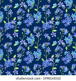Seamless pattern with watercolor tiny flowers myosotis sylvatica. Endless background with blue little flowers forget-me-not. Hand drawn. Perfect for decor, textile, wallpaper, wrapping paper