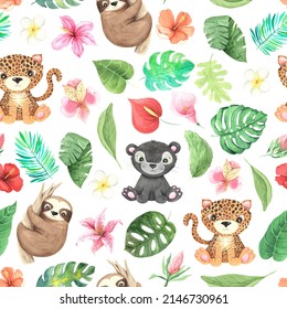 Seamless Pattern With Watercolor Tropical Cute Baby Animals And Flowers. Hand Painted Jungle Paradise Background Perfect For Textile And Scrapbooking