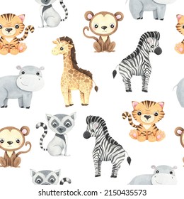 Seamless Pattern With Watercolor Tropical Cute Baby Animals. Hand Painted Jungle Paradise Background Perfect For Textile And Scrapbooking