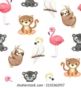 Seamless Pattern With Watercolor Tropical Cute Baby Animals. Hand Painted Jungle Paradise Background Perfect For Textile And Scrapbooking