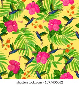 Seamless pattern with watercolor tropical illustration. Hibiscus flower, palm leaves, hummingbird. Hand paint.