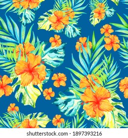 Seamless Pattern With Watercolor Tropical Leaves And Flowers. Summer Floral Print On A Blue Background. Hawaiian Hibiscus, Coconut Branches And Monstera Leaves.