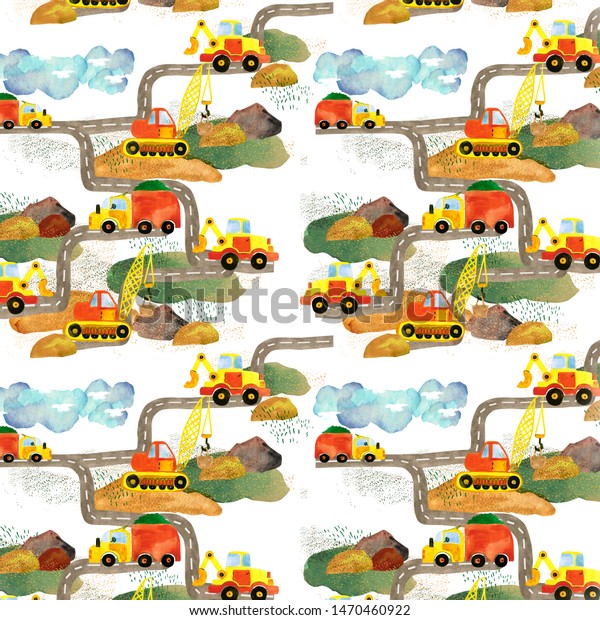 seamless pattern with watercolor trucks, tractor,\
cartoon excavator with a\
road