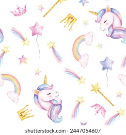 Seamless pattern. Watercolor unicorns pattern with rainbows and clouds. Cute watercolor  - Powered by Shutterstock