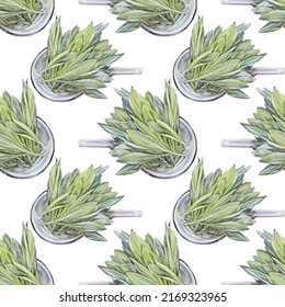 Seamless Pattern Watercolor Wild Garlic For Salad In Colander On White Background. Hand Drawn Green Spicy Vitamin Food For Health. Plant Ramson For Kitchen Cookbook. Art For Cafe Card, Wallpaper.