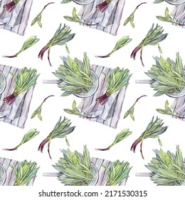 Seamless Pattern Watercolor Wild Garlic For Salad In Colander On White Background. Hand Drawn Green Spicy Vitamin Food For Health. Plant Ramson For Kitchen Cookbook. Art For Cafe Card, Wallpaper.