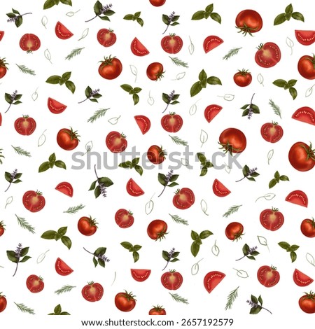 Seamless pattern with watercolour tomatoes, slices, basil leaves, rosemary, and fine line herbs. A vibrant kitchen-themed design perfect for fabric, packaging, and culinary decor.