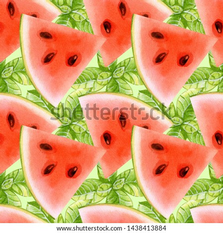 Seamless pattern with watermelon and mint on a color background.Watercolor hand drawn illustration.