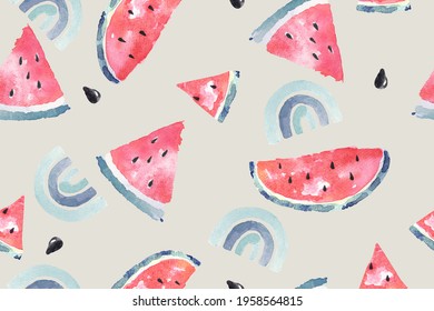 Seamless Pattern Watermelon And Rainbow With Watercolor.Summer Colorful Hand Drawn Tropical Fruit  Pattern.For Fabric Luxurious And Wallpaper, Vintage Style.Cute Pattern For Kids.