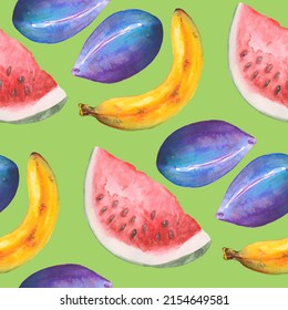 Seamless pattern with a watermelon slice. Handmade drawing of plum and banana. Fruits painted in watercolor. Repeating pattern for printing on paper, fabric. Summer fruit composition for wrapping